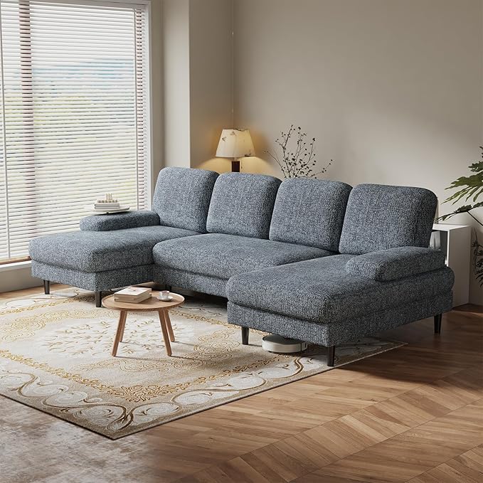 DUMOS Sectional Couches for Living Room, U Shaped Couch with Double Chaise Lounge, Modern Chenille Fabric 4-Seat Couch with Removable Pillows for Apartment/Small Space, Dark Grey