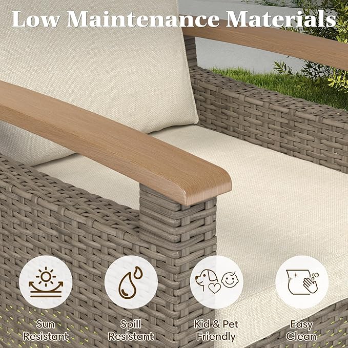 MELLCOM 8 Piece Patio Furniture Set, Wicker Patio Conversation Set with Swivel Glider, Loveseat Sofa, 3 Seat Sofa, 2 Ottomans, Side Table and Coffee Table for Deck Backyard - Brown Wicker Grey Cushion
