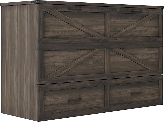 Bellemave Queen Murphy Bedframe, Cabinet Bed with Charging Station and Storage, Farmhouse Murphy Cabinet with Foldable Panel, Noisy Free, for Guest Bedroom, Living Room, Office, Rustic Gray