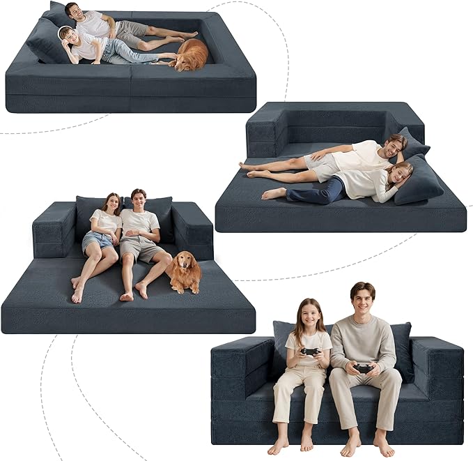 Futon Sofa Bed with Pillow, 3-in-1 Sleeper Sofa Bed with Removable Cover, Convertible Floor Sofa Bed, No Assembly Boneless Couch for Living Room, Bedroom