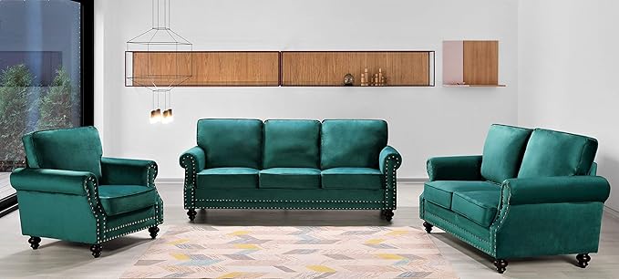 Lotus Mid Century Modern Velvet Upholstered Living Room Rolled Arms, Chair, Pine Green