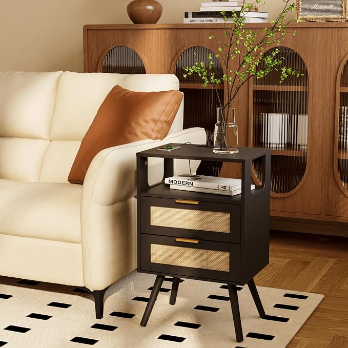 JOONEE Rattan Nightstand with Charging Station,Farmhouse Bedside Table with 2 Storage Drawer and Open Wood Shelf, for Bedroom and Small Spaces,Night Stand with Solid Wood Legs (Black-Outlet) - Image 8
