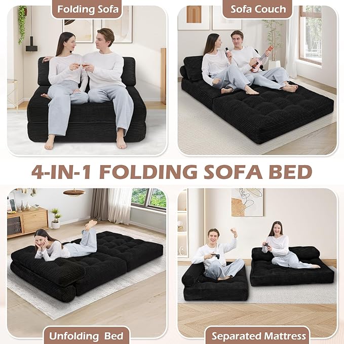 Folding Sofa Bed, Convertible Sleeper Chair with Pillow & Handle, Foldable Mattress Futon Chair Bed Lounge with Back Support, Comfy Floor Sofa for Living Room Bedroom, Black, Full