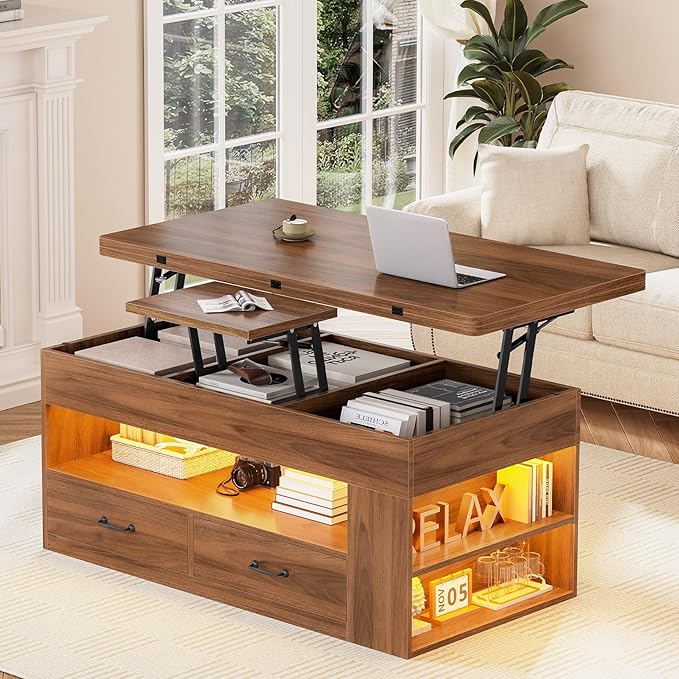 Itaar Lift Top Coffee Table, 4 in 1 Coffee Tables with Storage and Hidden Compartment, Farmhouse Coffee Table with 2 Fabric Drawers & LED Light for Living Room, Brown