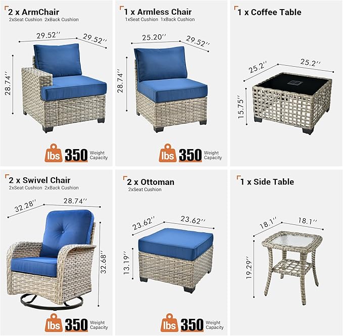ovios 9 Piece Patio Sectional Furniture with Swivel Rocking Chairs, Rattan Wicker Coversation Set with Glowing Coffee Table, Outdoor Sofa Set for Outside Porch Balcony Backyard Pool, Navy Blue