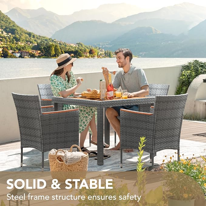Devoko 5 PCS Furniture, Patio Conversation Set with Acacia Wood Top, Rattan Outdoor Dining Table and Chairs for Backyard, Garden, Deck, Grey - Image 6