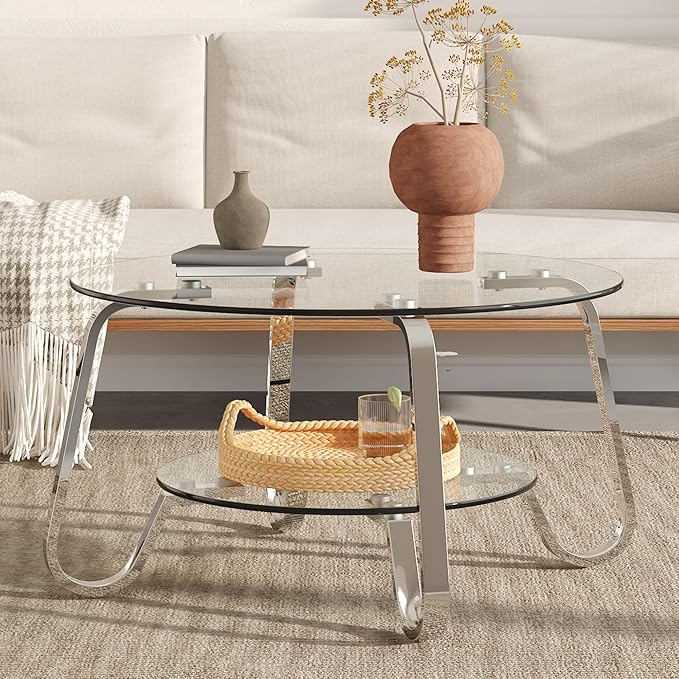 Glass Round Coffee Table for Living Room, 31.5 Inch Tempered Glass Top & Sturdy Metal Frame with Storage Shelf, Modern Small Center Table with 200lb Capacity, Quick & Easy Assembly