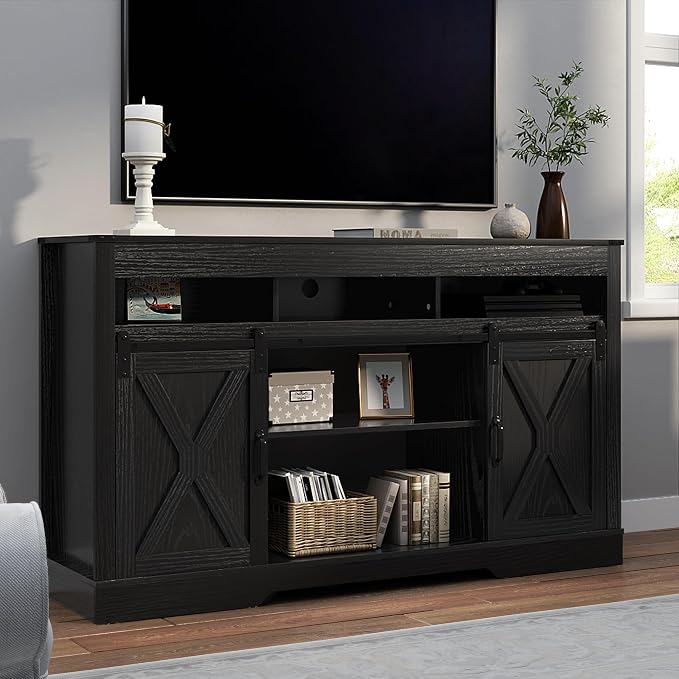 RoyalCraft Farmhouse TV Stand for 65+ Inch TV, Tall Entertainment Center with Storage Cabinets and Sliding Barn Doors, Mid Century Modern Media TV Console Table for Living Room (Black) - Image 8