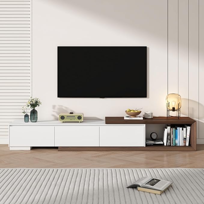 chartustriable Extendable TV Stand with 3 Drawers, Modern Minimalist Entertainment Center, Reversible Long TV Media Console, Bevel Design, 82-107.3 Inch, White & Walnut - Image 7