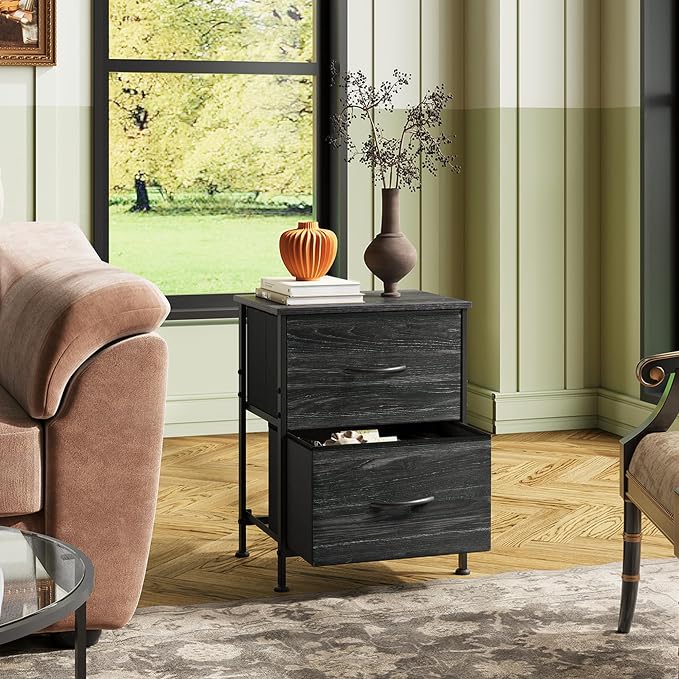 WLIVE Night Stand, Small Dresser with 2 Drawers & Wooden Top, Nightstand with Fabric Bins, Bedside Table End Table for Bedroom, Closet, Entryway, College Dorm, Charcoal Black - Image 7