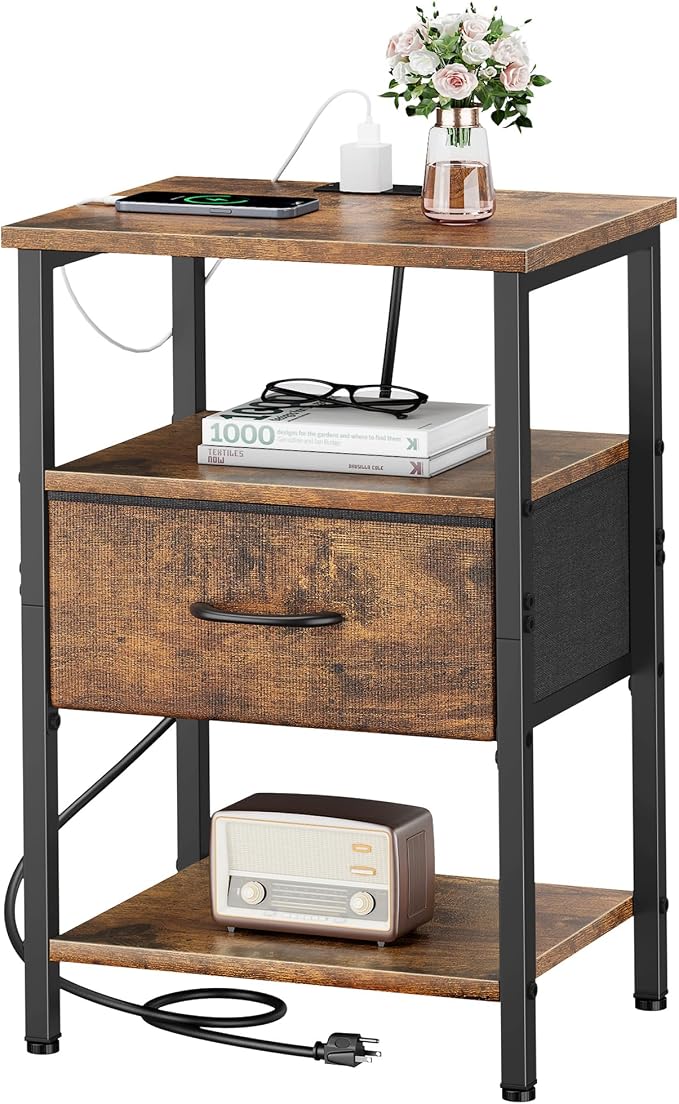 Vagusicc Nightstand with Charging Station, Bed Side Table with Adjustable Fabric Drawer, Night Stand for Bedroom, 3-Tier End Table with Storage Shelf for Living Room, Tall Bedside Table, Brown - Image 8