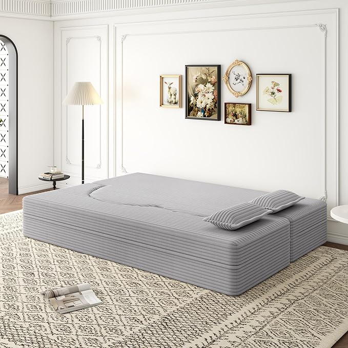 KEIKI Corduroy Floor Sofa Convertible Couch, 15" Full Size Foam Folding Mattress Sleeping Sofa, Lounge Floor Couch Hidabed Sleeper Bed with 2 Pillows, Light Gray