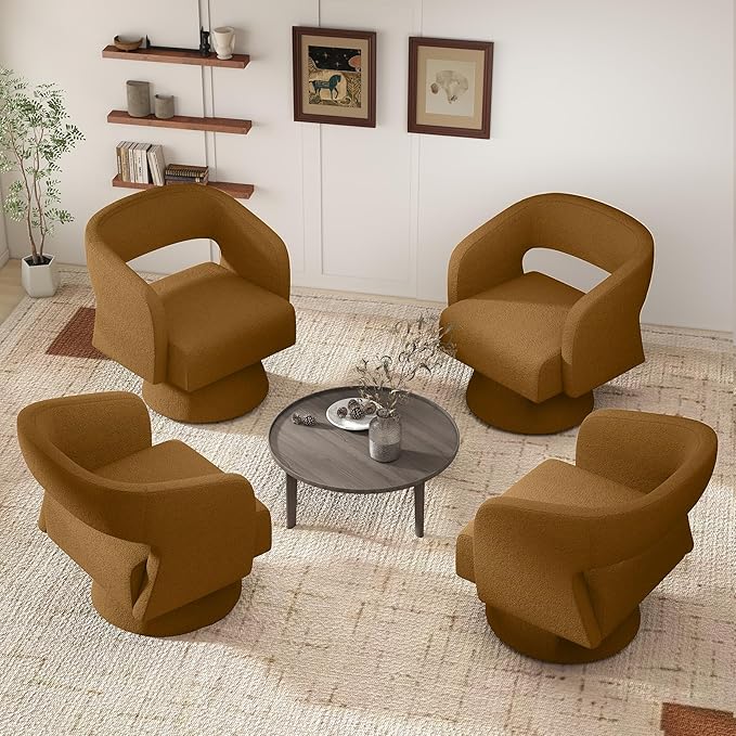 Nebuaegis Swivel Accent Chair Set of 2, Modern Comfy Teddy Barrel Chairs, Oversized Upholstered Round Arm Chair for Living Room, Bedroom, Reading Room, Brown