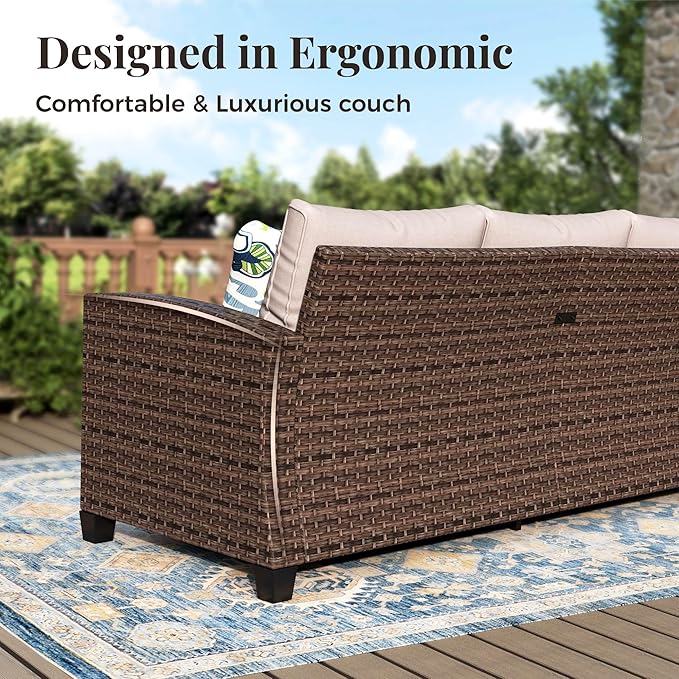 Swivel Glide Outdoor Patio Furniture Set, 6 Pcs Wicker Patio Conversation Set, 2 x Swivel Chairs, 1 x 3 Seater Sofa and 2 x Ottomans with 4" Thick Cushions and 56" Fire Pit Table, Beige