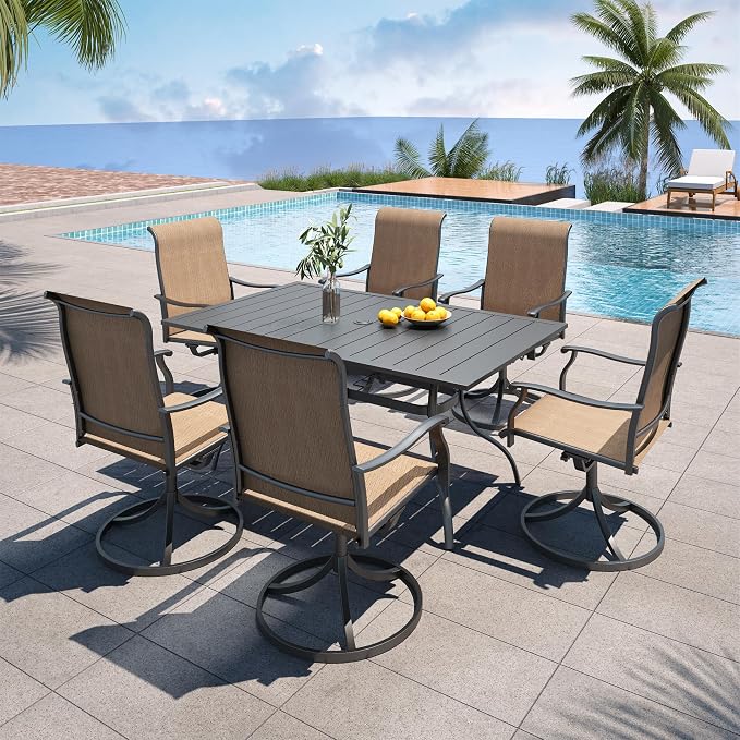 Anmutig 7-Piece Outdoor Dining Set, 6 Swivel Chairs&63‘’ Rectangular Table All Weather Frame Furniture Set - Brown Style1 - Image 8