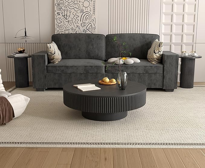 Apicizon 31.5'' Black Round Fluted Coffee Table for Living Room, Mordern Wood Drum Coffee Table for Small Space, Mid-Century Center Accent Table for Apartment