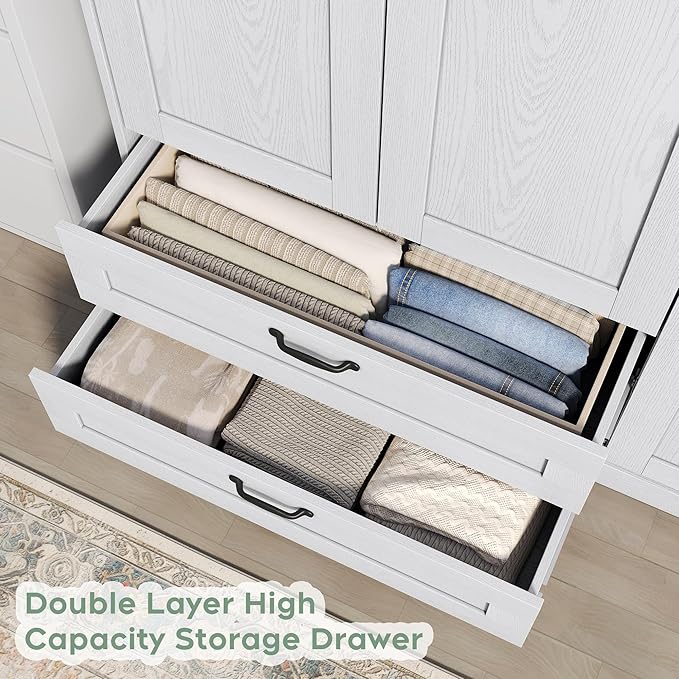 XIAO WEI Armoire Wardrobe Closet with 3 Door, Bedroom Wooden Armoires with Full Length Mirror, Large Clothing Storage Cabinet 2 Drawers, Hanging Rod, Shelves (White, 3 Door)