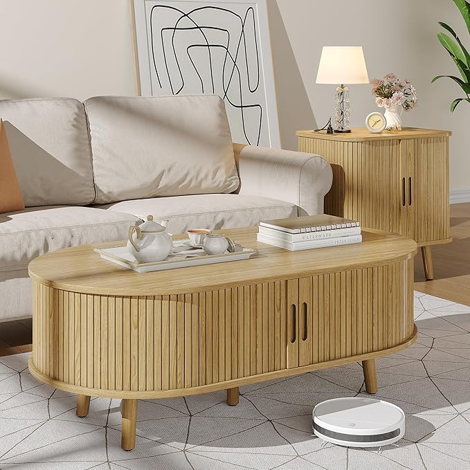 Alohappy Oval Coffee Table, Mid Century Modern Coffee Table with Sliding Tambour Door, Fluted Center Table with Hidden Storage, Curved Profile Dining Table for Living Room, Home Office,Natural Oak