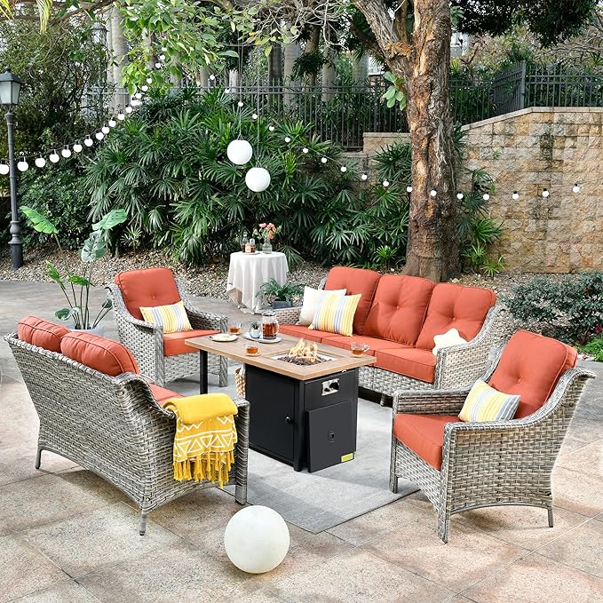 HOOOWOOO 5 Piece Patio Set with Fire Pit Table, All Weather Resistant High Back Rattan Outdoor Wicker Furniture (Red)