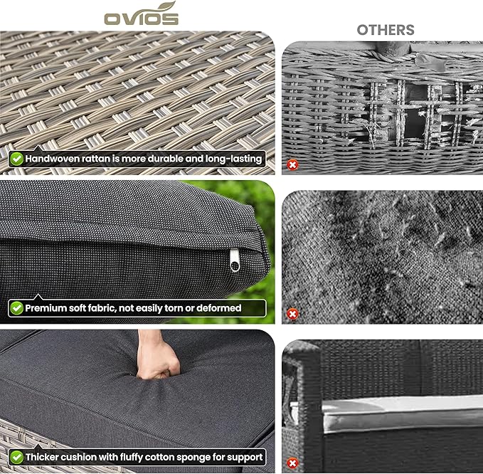 ovios 8-Piece Patio Furniture Set with L-Shape Sofa Chaise, Outdoor Sectional Couch Swivel Gliders Fire Pit Table, Modern Modular Wicker Rattan Conversation Set, Black