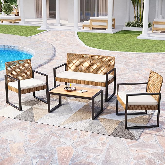 PHI VILLA Wicker Patio Furniture Set for 4, Rattan Loveseat & Chairs with Beige Cushions & Acacia Wood Coffee Table, Outdoor Modern Sectional Conversation Sofa Set for Deck, Yard, Porch