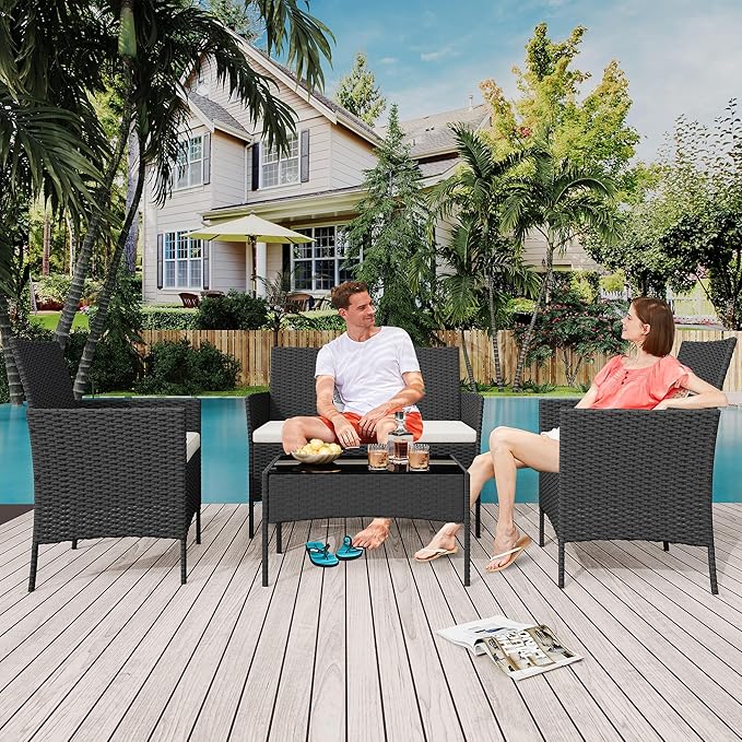 4 Pieces Patio Furniture Sets, Outdoor Wicker Conversation Sets with Soft Cushion and Glass Table, All Weather Manual Rattan Chairs for Garden, Terrace, Porch, Lawn, Poolside, Black and Beige