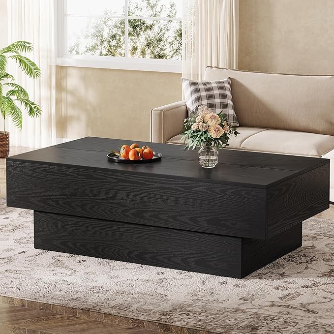 Tribesigns Modern Black Coffee Table, 55-Inch Rectangle Wooden Tea Table, Large Center Table for Living Room, Reception Room