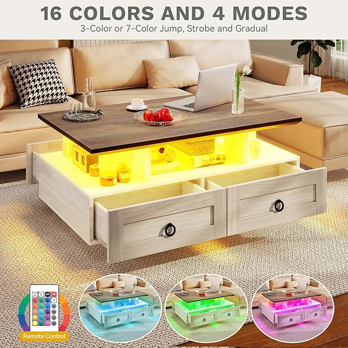 DWVO LED Coffee Table with Storage 4 Drawers, Modern High Glossy Coffee Tables for Living Room, White Rectangle Coffee Table Small Center Table with Open Display Shelf & Sliding Drawers, Brown and Oak