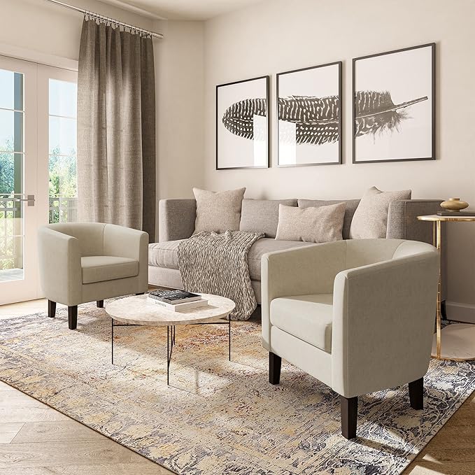 BELLEZE Accent Barrel Chair, Set of 2 Linen Round Club Tub Sofa Corner Chair with Flared Legs and Cozy Soft Padding for Living Room Bedroom Waiting Room - Beige
