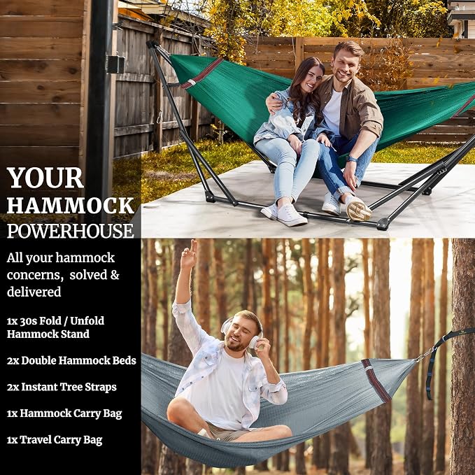 Tranquillo Combo x2 Hammocks with Stand for Outside & Tree Straps, Heavy Duty Hammock with Stand 600lbs for Indoor Outdoor Patio Backyard, x2 Hammocks for 2 Person (Combo - Peacock, Medium) - Image 9