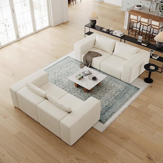 Acanva Oversized Modular Sectional Sofa with Removable Washable Slipcovers, Modern Low Profile Deep Seat Couch for Living Room, Linen-Like-Cream, 4 Armless Chairs & 4 Armrests/Ottomans