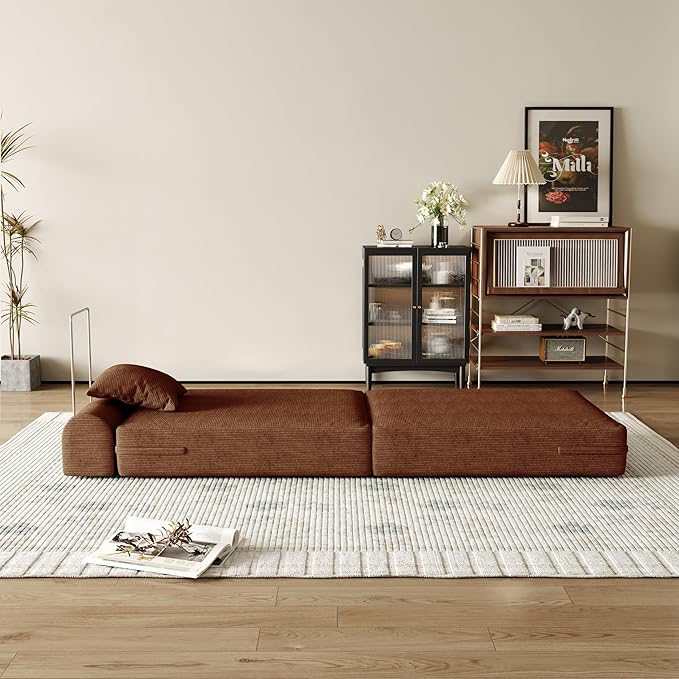 31.5'' Convertible Compressed Corduroy Folding Sofa Bed, Modern Boneless Pull Out Sleeper Sofa Couch in a Box, 3 in 1 Portable Lazy Floor Lounge Chair, No Assembly Needed, Caramel, Pillow, Single