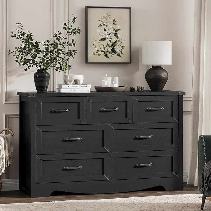 Dresser for Bedroom with 7 Drawers, 48" Wide Modern Chest of Drawers with Deep Drawers & Mental Handle, Wood Dresser TV Stand, Wooden Closet Storage Organizer for Living Room, Hallway, Entryway, Black - Image 8