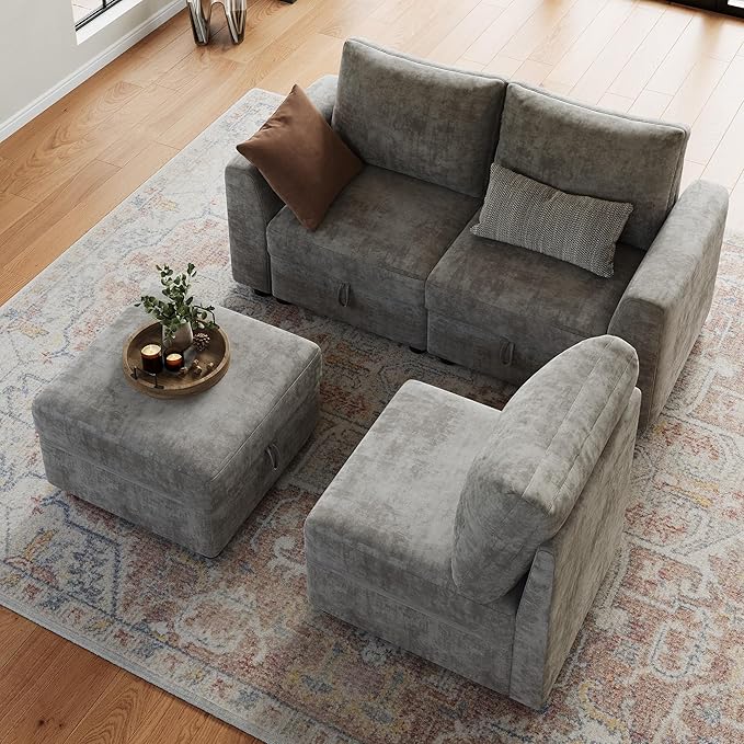 L-Shape Sectional Sofa with Storage, 108" Modular Cloud Couch, 4-Seater Sofa Bed with Ottoman, Chenille Fabric with Hidden Storage for Small Spaces(Gray 4-Seater)