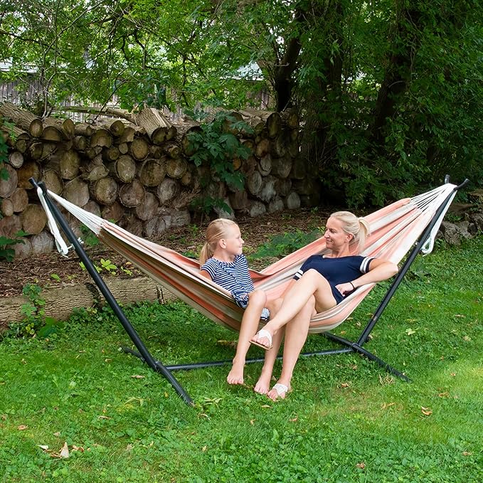 Vivere Double Sunbrella Hammock with Space-Saving Steel Stand, Heavy-Duty Portable Outdoor Hammock Set for Backyard, Patio, or Travel, Cameo - Image 6