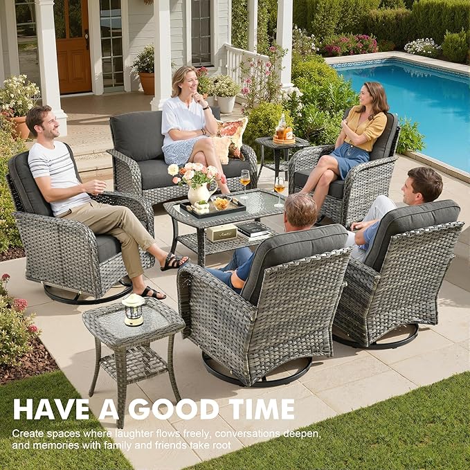 Weaxty 8 Pieces Outdoor Patio Furniture Sets with Swivel Rocking Patio Chairs and Loveseat Sofa,Coffee Table,All Weather Wicker Conversation Set for Deck Backyard Porch Poolside, Black