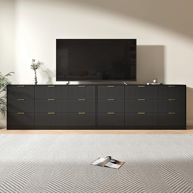 Black Dresser Set of 2, Long Dresser for Bedroom Wooden with 18 Drawers, Fluted Modern Bedroom Furniture Set, TV Stand Dressers & Chests of Drawers for Closet (15.7"D x 125.8"W x 31.8"H)