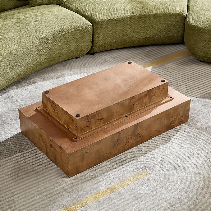 WILLIAMSPACE 43.31" Rectangle Coffee Table with Burl Wood Veneer & Sturdy Base, Modern Luxury Wood Drum Center Table Accent Side End Table for Living Room Apartment, Walnut