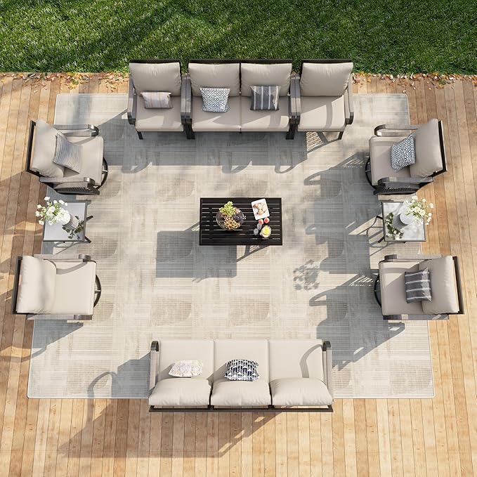 11-Piece Outdoor Patio Conversation Sets, Rope Outdoor Furniture Set Metal 3-Seater Couch, 4 Swivel Rockers with 2 Side Tables, Loveseat Sofa Single Chairs with Coffee Table for Backyard, Beige