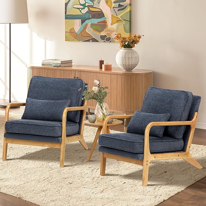 COLAMY Mid Century Modern Accent Chair Set of 2 with Lumbar Pillow, Relaxing Armchair with Solid Wood Frame & Soft Cushion, Reading Leisure Chair for Living Room(Blue)