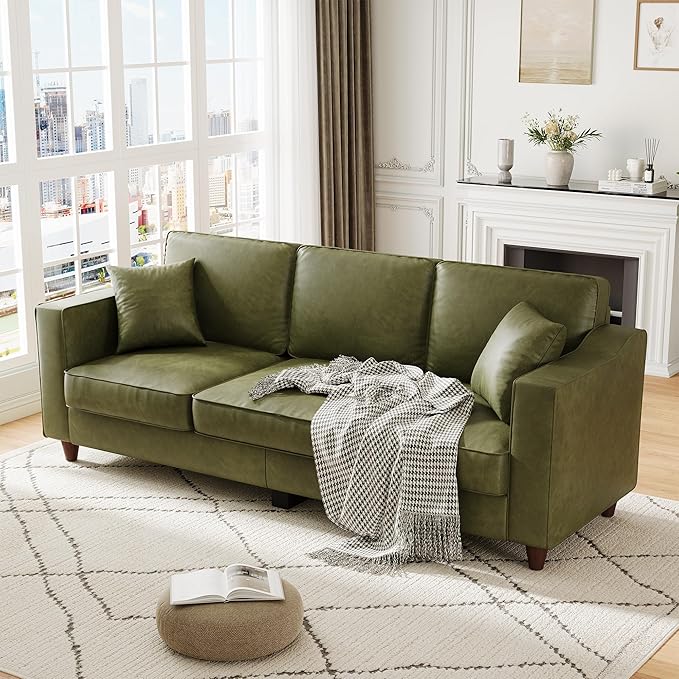3-Seater Sofa Couch with 2 Throw Pillows, 85 Inches Faux Leather Couch with Wide Armrests, Deep Seats, Wood Legs, Back Cushion, Sturdy Support Feet, Couches for Living Room, Office, Olive Green