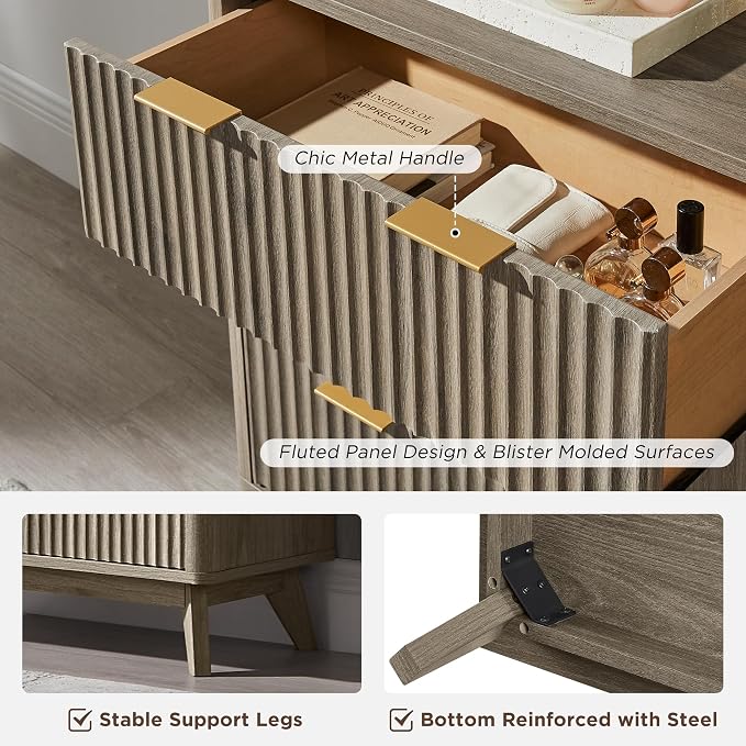 T4TREAM Fluted 6 Drawers Dresser, 54" Wide Modern Chest of Drawers, Curved Profile Design, Dresser TV Stand, Wood Drawer Organizer for Bedroom, Living Room, Hallway, Grey Alder - Image 6