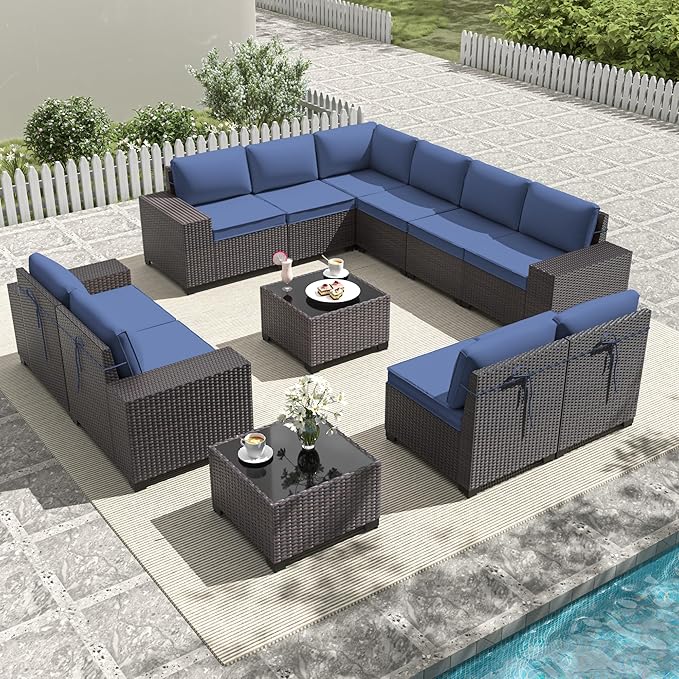 Gotland 12 Pieces Patio Furniture Set, Wicker Outdoor Sectional with Wide Armrests 29.5'' High Backrest 4'' Thick Waterproof Cushions, Oversized Patio Furniture for Deck Garden Navy