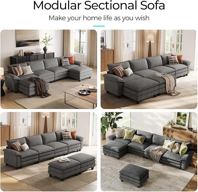 LINSY HOME 157'' Modular Sectional Sofa Grey Couch Corduroy Cloud Couches for Living Room, U Shaped Couch with Movable Ottoman, Modern Cloud Sectional Sofas for Bedroom and Apartment, Grey
