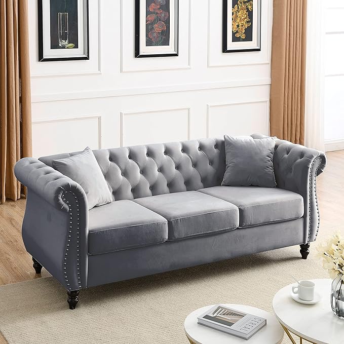 KEIKI Chesterfield Sofa, Retro Style Upholstered 3+3 Seats Velvet Couch with Rolled Arm for Living Room Bedroom Office, Grey