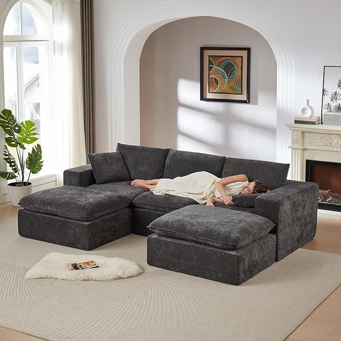 Cloud Modular Sectional Couches Boneless Sofa for Living Room, Oversized U Shaped Floor Couch with Movable Ottomans, Memory Foam Compressed 4 Seater Sofa for Bedroom Apartment | Plush, Wider Armrest, Free Combination