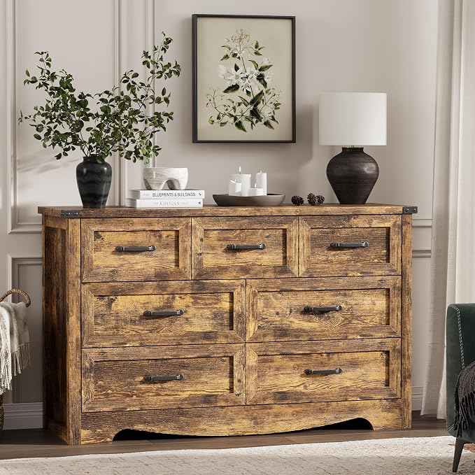 Dresser for Bedroom with 7 Drawers, 48" Wide Wood Chest of Drawers with Deep Drawers & Mental Handle, Modern Dresser TV Stand, Wooden Closet Storage Organizer for Living Room, Hallway, Entryway, Brown - Image 8