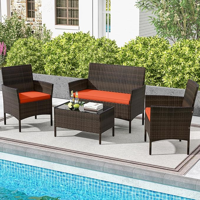 DORTALA Wicker Patio Furniture Set 4 Piece, Outdoor PE Rattan Table & Chairs Set with Tempered Glass Coffee Table, Loveseat, Cushions, Conversation Set for Balcony, Porch, Backyard, Deck, Orange