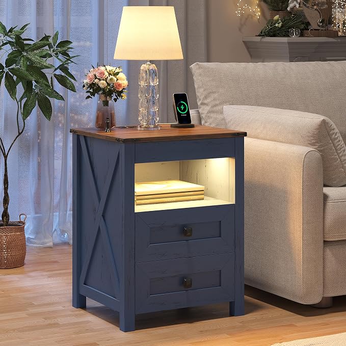 TAGELIER Farmhous Nightstand with Gun Drawer,Bedside Table with Charging Station, Gun Night Stand with LED Light & Human Sensor,Smart End Table for Bedroom, Blue - Image 8
