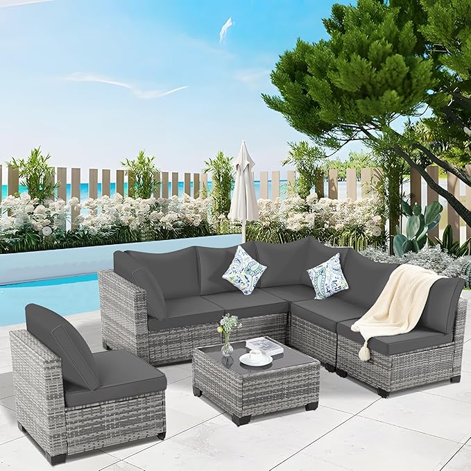 Patio Outdoor Furniture Set 7 Pieces Rattan Wicker Sectional Sofa Couch Conversation Set with Table for Deck Lawn, Gray Wicker/Gray Cushion